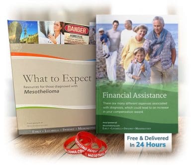 Collage of What to Expect guide, 100 Questions &amp; Answers about Mesothelioma Third Edition book and Mesothelioma.com Refusing Defeat wristbands