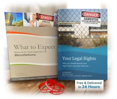 Collage of What to Expect guide, 100 Questions &amp; Answers about Mesothelioma Third Edition book and Mesothelioma.com Refusing Defeat wristbands