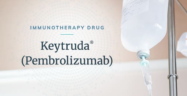 Text describing the drug Keytruda's generic and brand names over a background of a sterile infusion bag hanging from an IV stand.