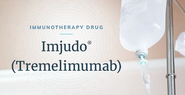 A plastic bag holding Imjudo® (tremelimumab) hangs from an IV stand.