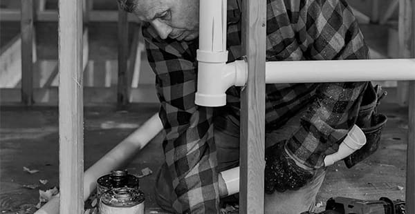 plumber working with PVC pipes during construction
