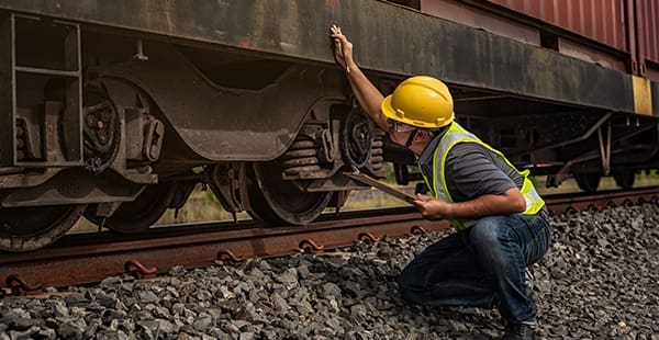 Railroad worker inspecting a train 