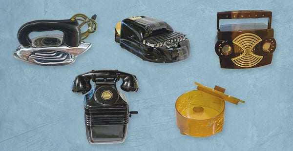 Vintage Bakelite collectibles, including a phone and other household appliances