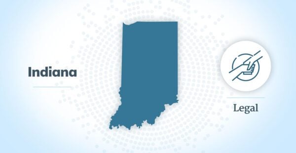 The shape of the state of Indiana is centered on a white to blue center gradient. The left side of the image reads "Indiana," and the right side reads "Legal."
