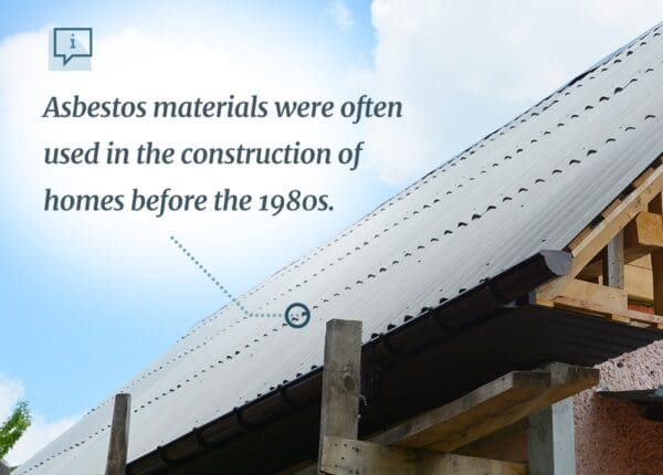 Image of a roof with text reading 'Asbestos materials were often used in the construction of homes before the 1980s.'