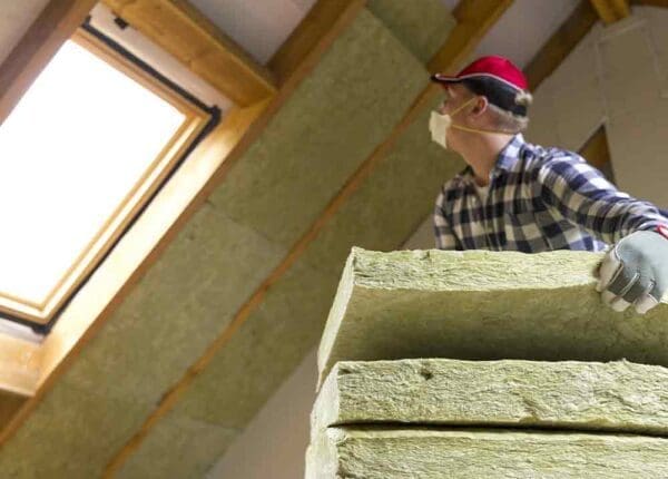 Man installing insulation along ceiling