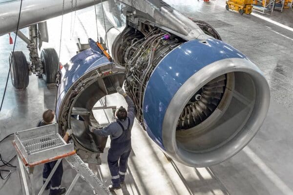 Aircraft Mechanic Working on Airplane Part