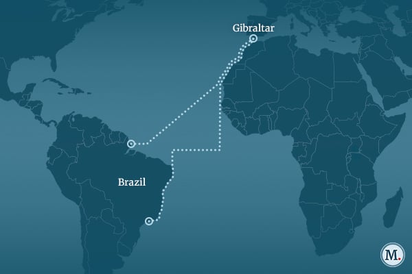 Map showing the path of the asbestos-containing Brazilian aircraft carrier the São Paulo