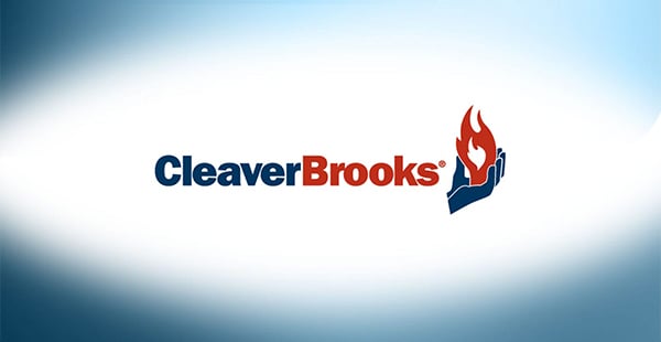 Cleaver Brooks Company logo on blue and white background. Logo includes the company's name and an illustrated hand hold holding a flame.