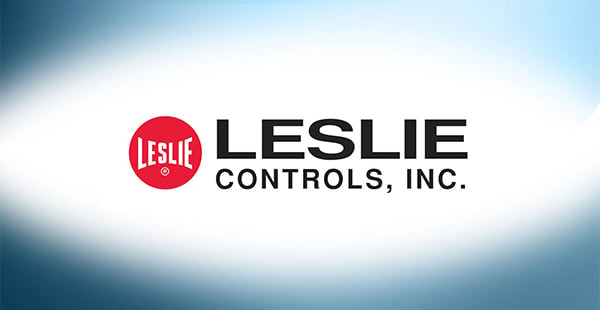 The logo for Leslie Controls, Inc. over a white oval surrounded by a blue gradient background.