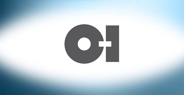 The Owens-Illinois, Inc, log - an "O" and "I" - on a gradated light blue background