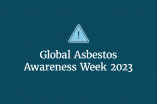 The words 'Global Asbestos Awareness Week 2023' in white on a dark teal background. There is a light blue 'caution' icon featuring an exclamation point in an upright triangle.