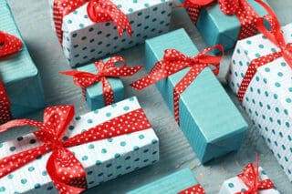 A photo of brightly colored holiday gifts selected for a mesothelioma patient.