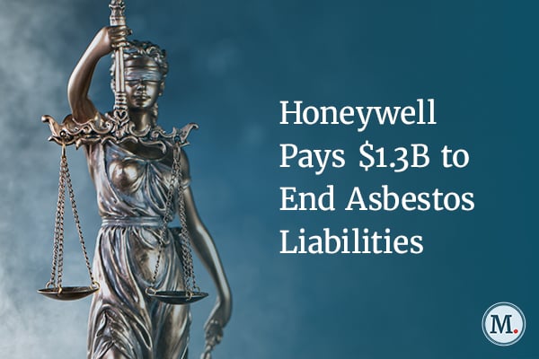 Image of Lady Justice with text "Honeywell Pays $1.3B to End Asbestos Liabilities" on blue background.