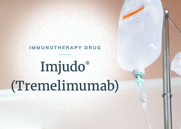 A plastic bag holding Imjudo® (tremelimumab) hangs from an IV stand.