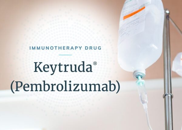 Text describing the drug Keytruda's generic and brand names over a background of a sterile infusion bag hanging from an IV stand.