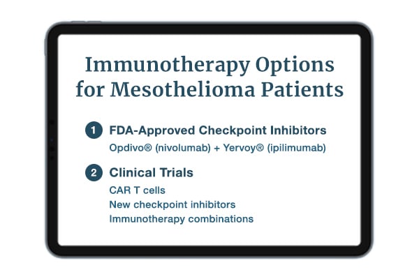 Image depicts a tablet with a white screen. Centered, blue title text says, Immunotherapy Options for Patients." A numbered list below includes two categories: 1) FDA-Approved Checkpoint Inhibitors and 2) Clinical Trials. "Opdivo® (nivolumab) + Yervoy® (ipilimumab)" appears directly underneath the first list item. "CAR T cells," "New checkpoint inhibitors," and "Immunotherapy combinations," appear directly underneath the second list item.