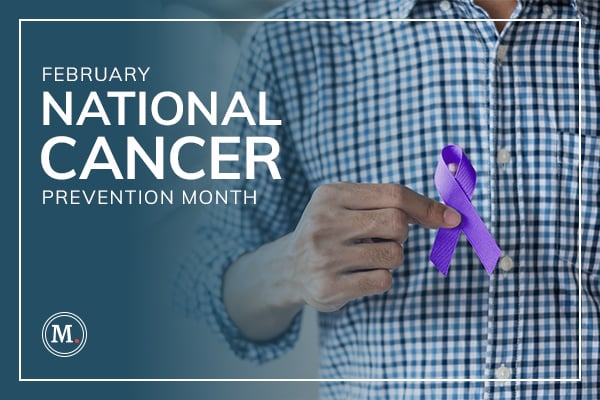 A person holding a purple ribbon, and the text "February National Cancer Prevention Month" shows on the left side.