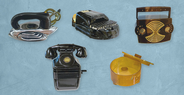 Vintage Bakelite collectibles, including a phone and other household appliances
