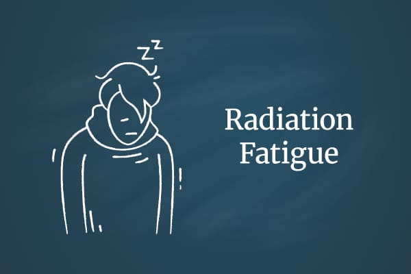 This decorative image contains a cartoon image of an exhausted person next to text that reads "Radiation Fatigue."