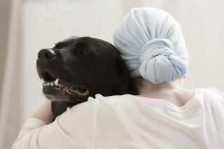 A service animal gets a hug from a mesothelioma patient.