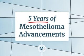 The words "5 Years of Mesothelioma Advancements" in dark blue text.The background is shades of light blue in geometric shapes.
