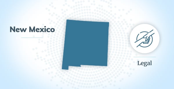 Dark blue silhouette for the state of New Mexico on a lighter blue background. A graphic of a handshake to the right with the word "legal" symbolizes the help mesothelioma lawyers can offer to asbestos victims.