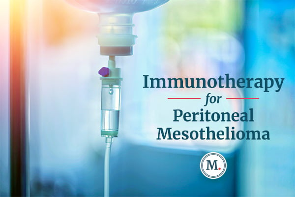 Image depicts a hanging bag of intravenous immunotherapy drugs behind the title text: Immunotherapy for Peritoneal Mesothelioma.